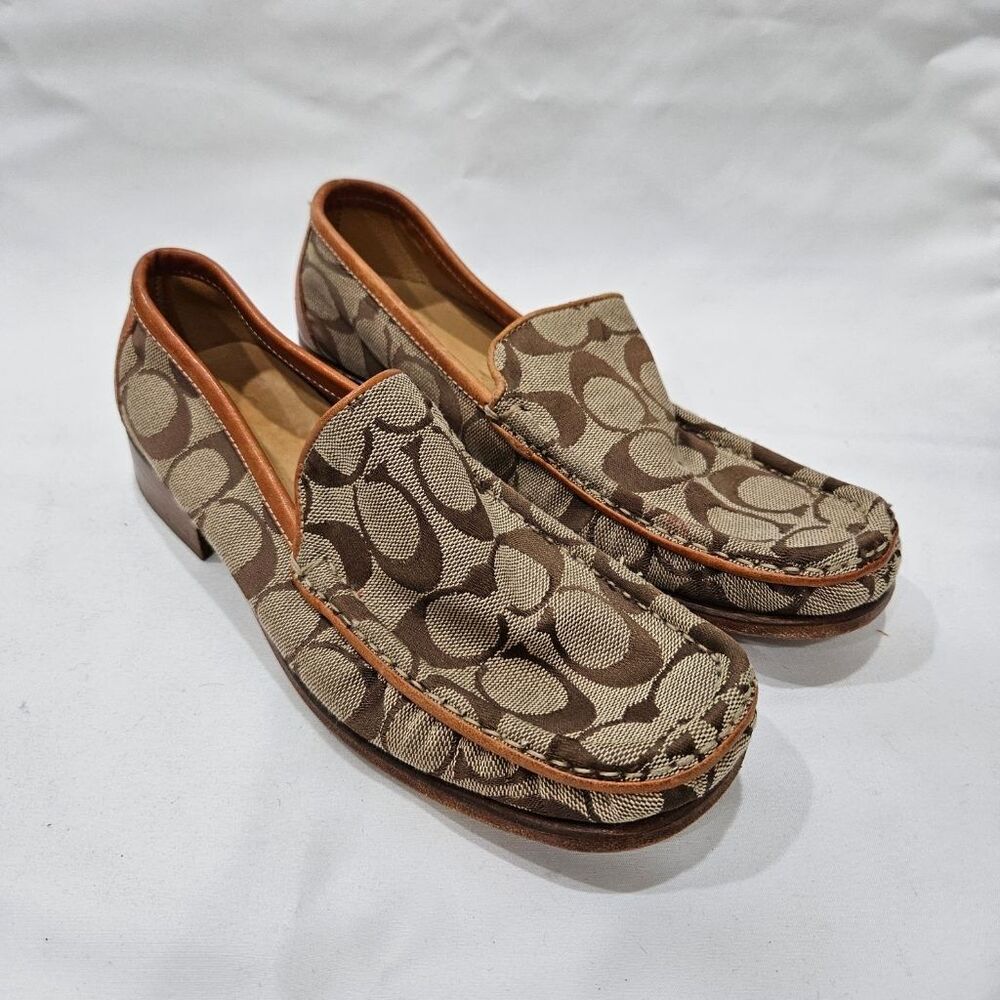 Coach Signature Vala Monogram Loafers Womens 7 Brown Leather Trim Made in Italy